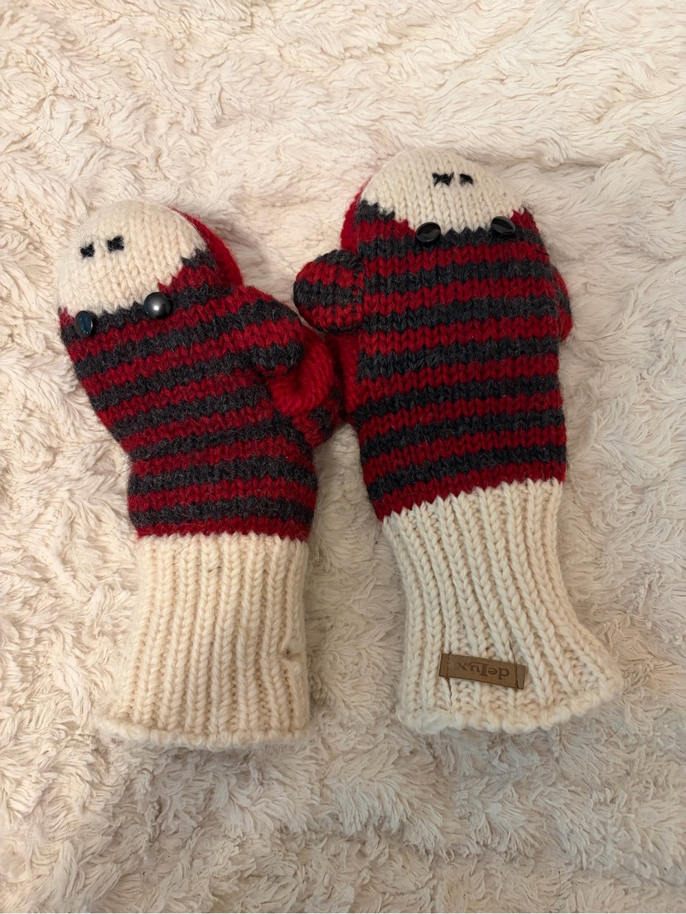 Kids Red and Black Stripe Knit Monkey Mittens